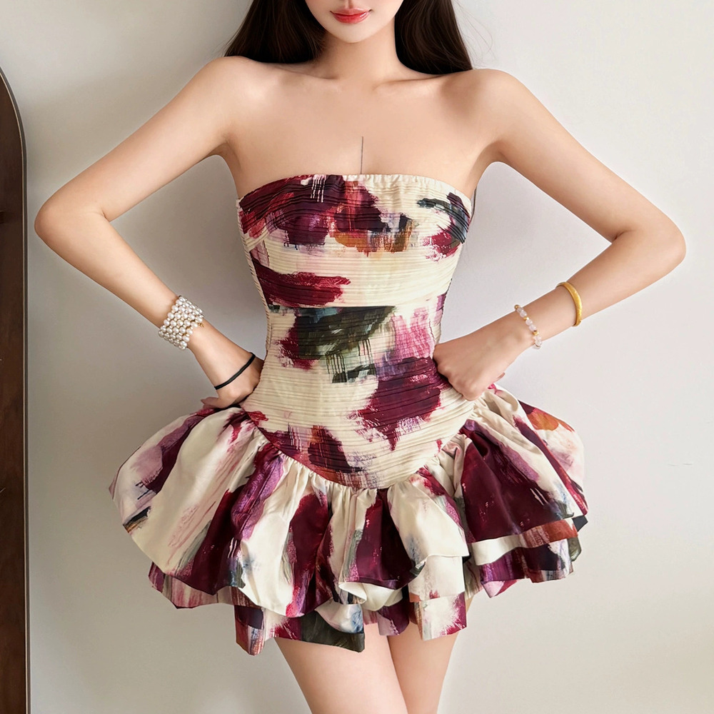 Zara Summer Vintage Oil Painting Abstract Print Puffy Ruffle Hem Dress